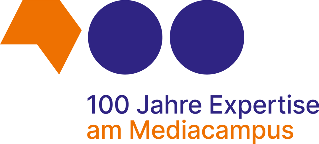 Aktions-Logo zum Jubil&auml;um des Mediacampus Frankfurt. Betitelt mit "100 Jahre Expertise am Mediacampus"